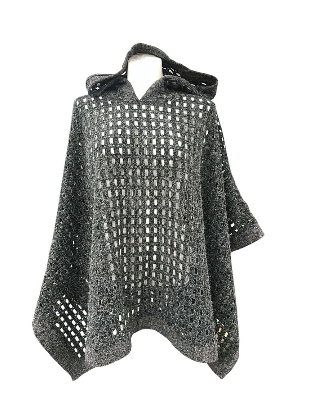 Shannon Passero Open-Knit Hooded Poncho Sweater in Charcoal Size O/S